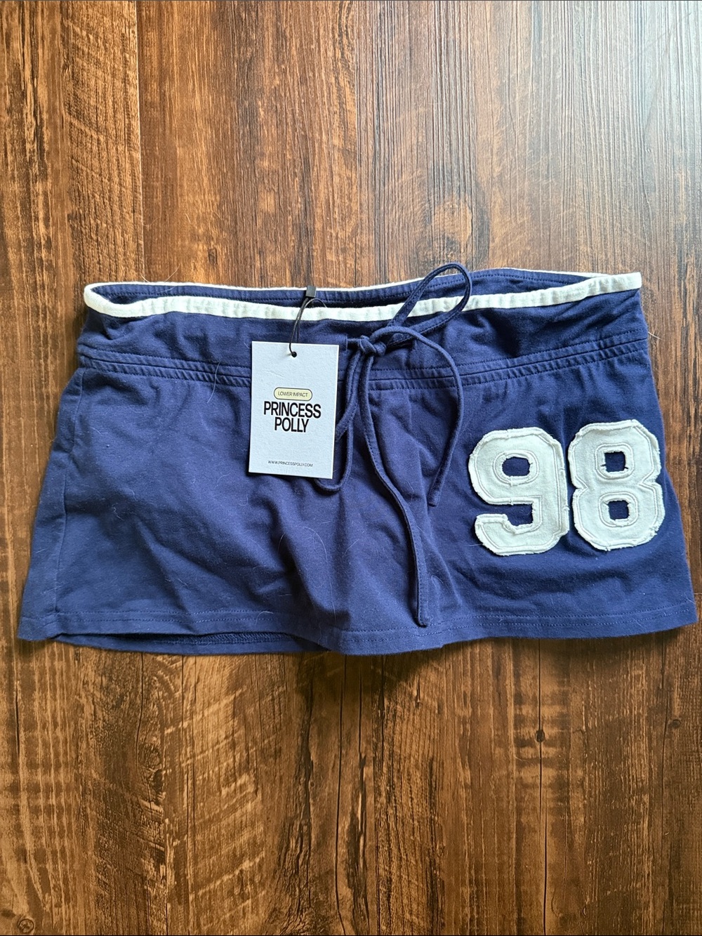 Princess Polly Navy Athletic Drawstring Shorts with White '98 Appliqué
